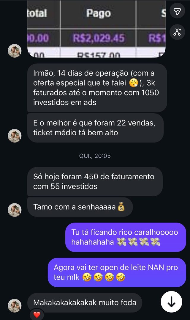 Cliente conta que fez 3 mil em 14 dias de operação com 22 vendas e 450 reais de faturamento em um dia