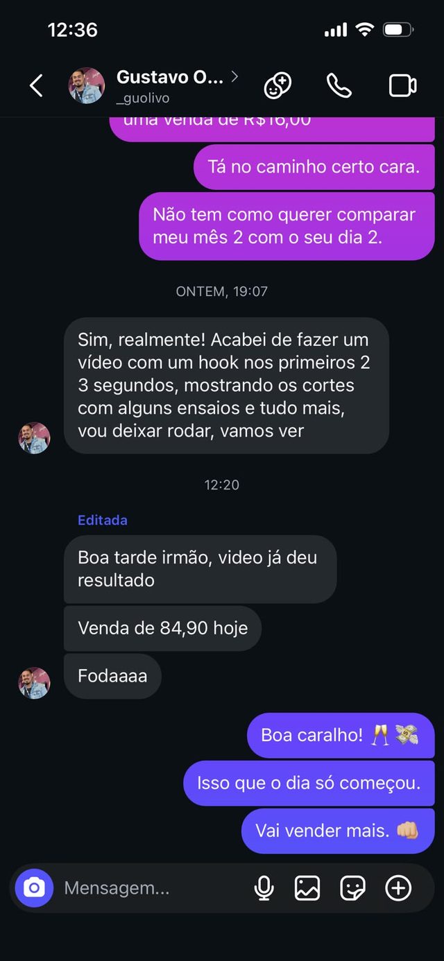 Cliente conta que o vídeo com hook já deu resultado com uma venda de 84,90